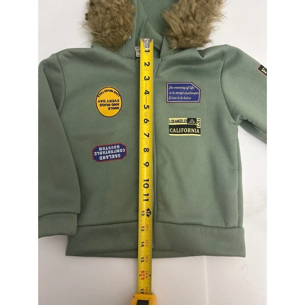 SHEIN Boys Sage Green Patch Hooded Jacket with Faux Fur Trim- Size 5Y